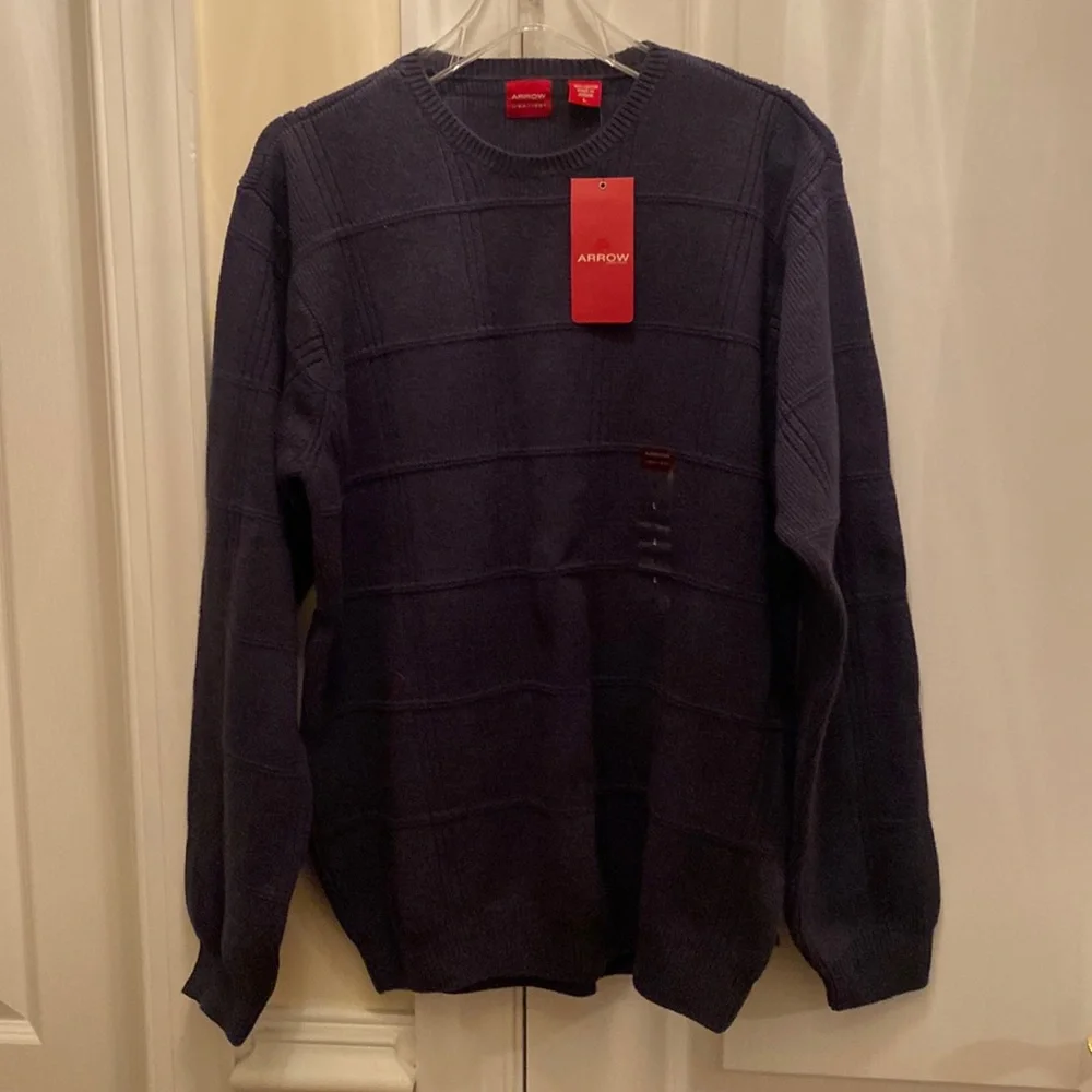 ARROW Mens Crew Neck Pullover Sweater Blue Window Pane Knit L Large NWT lcsr $50